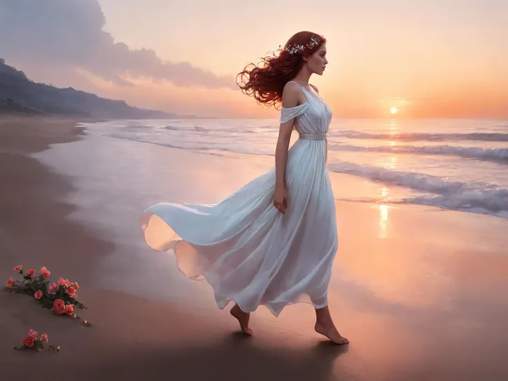 fantasy digital painting of a woman, ethereal beauty, looking at the sky longingly, detailed sad eyes, walking through the beach, barefoot, wearing a loose white sheer dress that flows in the wind, flowers in her hair, orange red pink sky, side view, dreamy atmosphere, bathed in the crimson light of dusk, <lora:Anna_Dittmann_Style_XL-000009:0.7> Anna Dittmann  <lora:greg_rutkowski_xl_v1:0.9> Greg Rutkowski