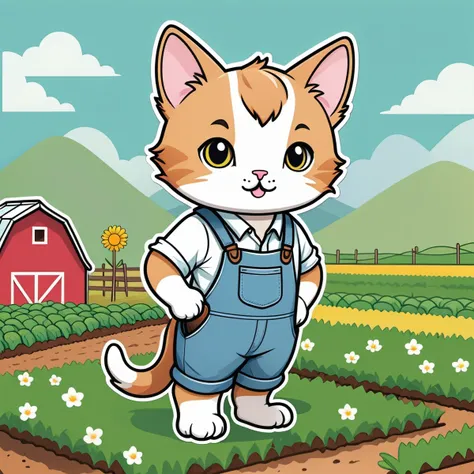 line art drawing ((a cute cat farmer on his field")), masterpiece, best quality, Sticker, Cute sticker, Kawaii sticker, die-cut, plain background, illustration minimalism, vector, pastel colors, kawaii . professional, sleek, modern, minimalist, graphic, line art, vector graphics