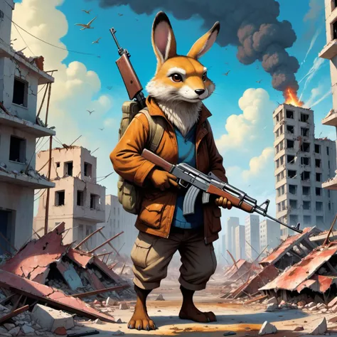 of an old man holding a ak47 in a destroyed city after a nuclear blast, cute cute cute creature, an illustration by esao andrews, cyril rolando and goro fujita, deviantart, fantasy art, storybook illustration, oil on canvas