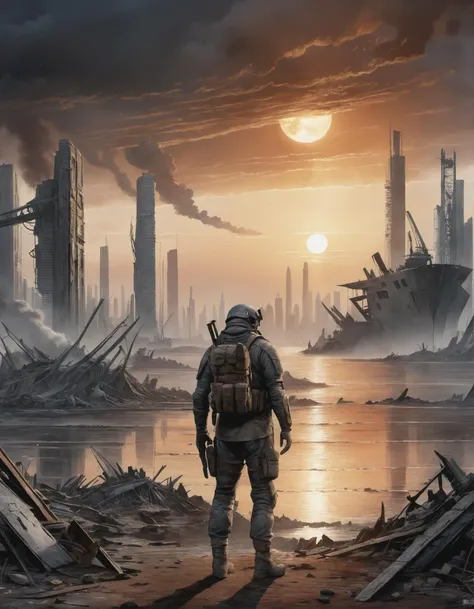 post-apocalyptic sunset at the end of the world of the new dawn aquarelle drawing , detailed, realistic, 8k uhd, high quality, detailed, realistic, 8k uhd, high quality