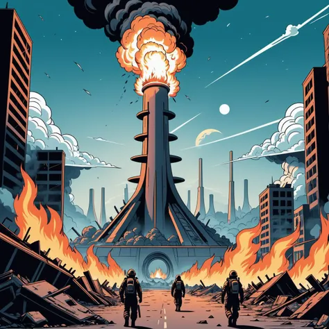 line art drawing Tattoo artwork the end of the world, burning destroyed city after nuclear blast . professional, sleek, modern, minimalist, graphic, line art, vector graphics