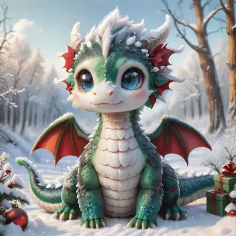 ral-smoldragons, (masterpiece), (extremely intricate:1.3), santa costume, a Christmas dragon sitting on tree stomp in a snowy meadow with a blue sky in the background, fur, scales, looking at viewer