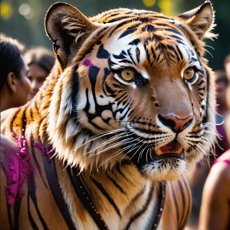 cinematic film still closeup of an detailed tiger covered in holi festival . shallow depth of field, vignette, highly detailed, high budget, bokeh, cinemascope, moody, epic, gorgeous, film grain, grainy