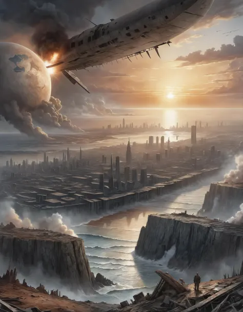 post-apocalyptic sunset at the end of the world of the new dawn aquarelle drawing , detailed, realistic, 8k uhd, high quality, detailed, realistic, 8k uhd, high quality