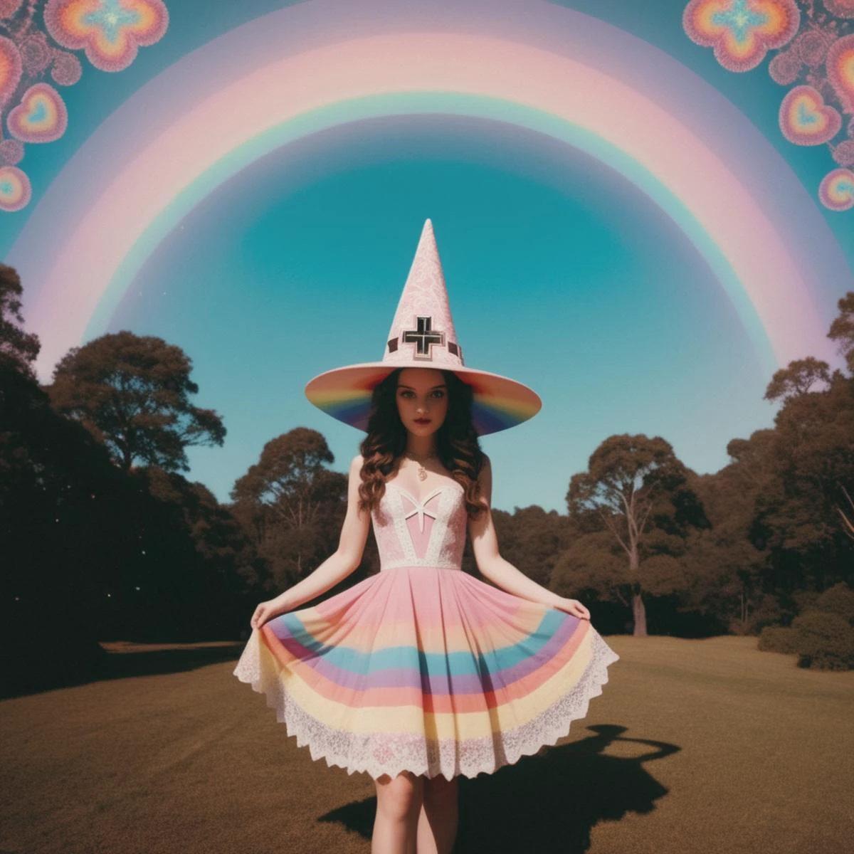 <lora:add-detail-xl:0.8> ((fullbody: 1.3)) ((perfect face: 1.3)) ((perfect inverted neon cross: 1.3)) (( a satanic image of a<lora:add-detail-xl:1>((a sorceress with a white wizard hat , wearing a white and coral lace hippie dress casting a light spell:1.3)) (pretty young woman:1.1) with elegant, opal colour Curly Finger Waves hair, perfect violet eyes,, , fair skin, wearing a chic (work dress:1.2), often white and coral lace hippie dress, with a delicate lace apron, (perfume bottles:1.1).: 1.3)), in the style of Larry Carlson, fujifilm eterna vivid 500t, playful, youthful images, rainbowcore, Saint Maria, looking at the camera, in the style of minimalist figures, mysterious backdrops, photography installations, cut-out silhouettes, hyper-realistic portraits, mcdonaldpunk, letras y figuras , 3d, kawaii aesthetic, fractal geometric patterns with rainbow hues :1.5)) ((black and white tiles with pastel coloured rainbows hues fractals fantasy image with a perfect inverted neon cross's, in the style of medicalcore, light azure and pink :1.5)), (fractal geometric patterns with rainbow hues :1.5)) ((black and white tiles with pastel coloured rainbows hues fractals :1.5)), ((mushroomcore :1.4)), hyper realistic detail, perfect eyes, ((f Saint Maria :1.5)), ((heart shaped lights :1.5)), stunningly pretty, maxim, 128k, cinematic quality cinematic lighting, 1080p, sharpen, hyperrealism, (( psychedelic lsd trip background :1.4)), ((bright coloured fractals :1.5)) ((Larry Carlson :1.3)), , cinematic quality, cinematic lighting, voodoo, sinister,128k, hyper realistic, pastel colour palette,((mark ryden 1.3)) <lora:Larry Carlson Style:0.8> Larry Carlson Style page <lora:Polaroid_Film:0.8> polaroid film photography, soft focus