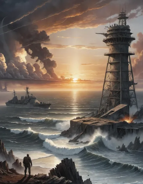 post-apocalyptic sunset at the end of the world of the new dawn aquarelle drawing , detailed, realistic, 8k uhd, high quality, detailed, realistic, 8k uhd, high quality