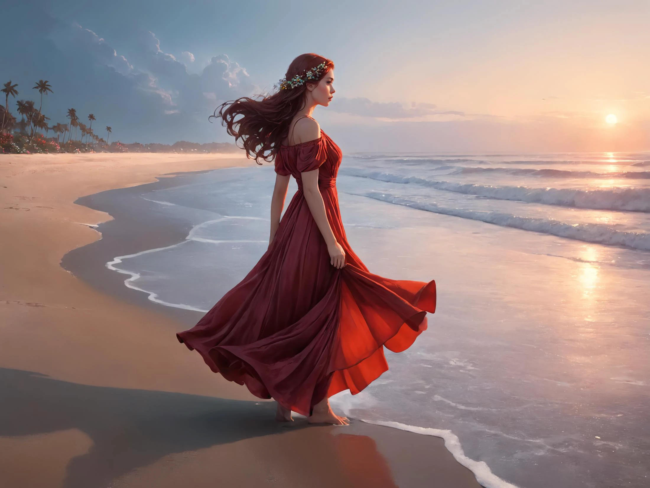 fantasy painting of a woman, ethereal beauty, looking at the sky longingly, detailed sad eyes, walking through the beach, barefoot, wearing a loose dress that flows in the wind, flowers in her hair, side view, dreamy atmosphere, bathed in the crimson light of dusk, <lora:Anna_Dittmann_Style_XL-000009:0.6> Anna Dittmann <lora:greg_rutkowski_xl_v1:1> Greg Rutkowski