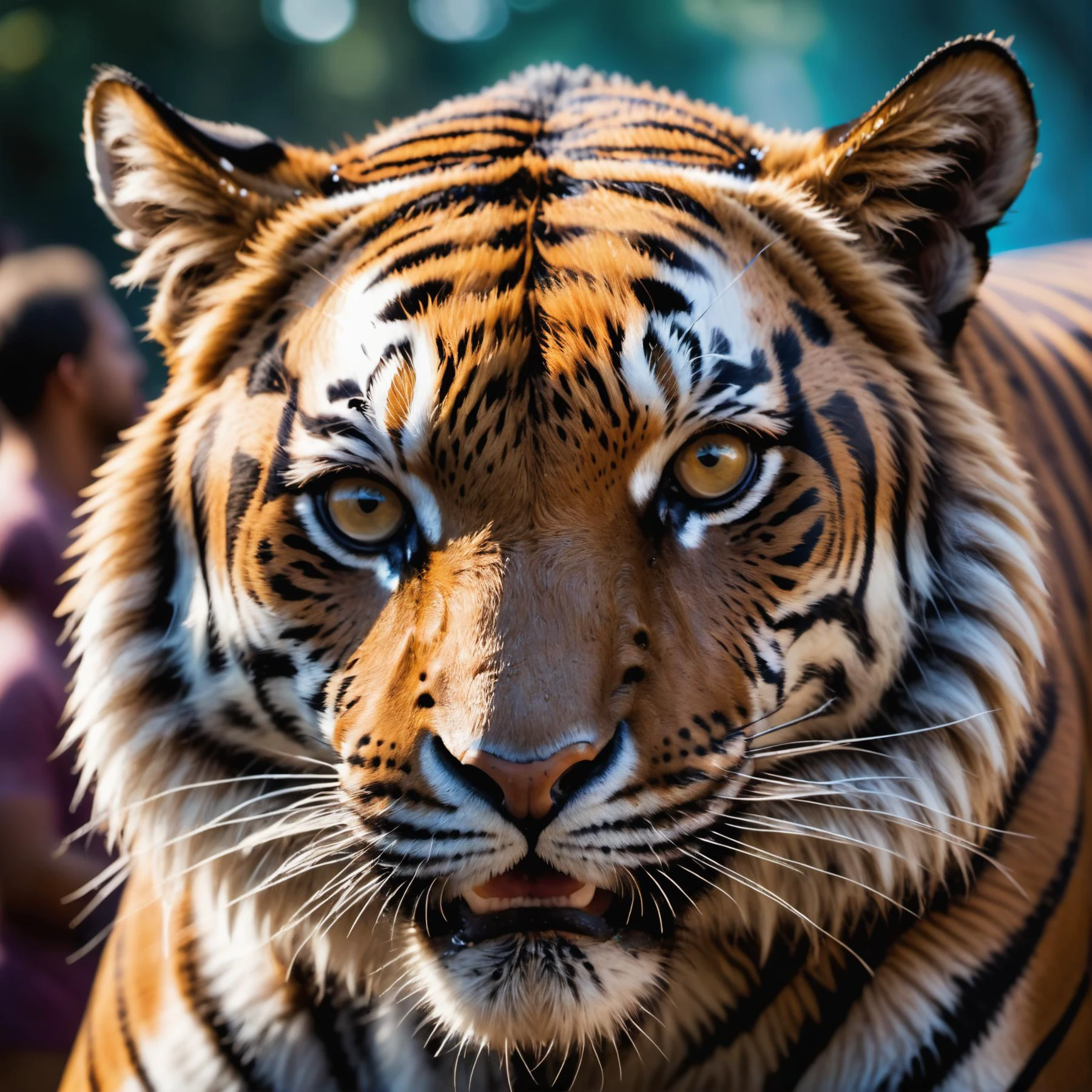cinematic film still closeup of an detailed tiger covered in holi festival . shallow depth of field, vignette, highly detailed, high budget, bokeh, cinemascope, moody, epic, gorgeous, film grain, grainy