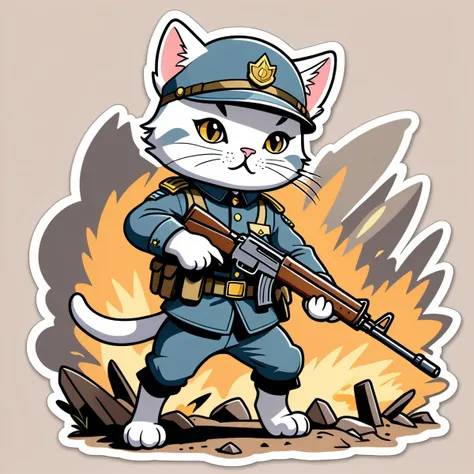 line art drawing ((a cute cat soldier)), majestic, (fighting in WW1 trenches), warzone, explosions, masterpiece, best quality, Sticker, Cute sticker, Kawaii sticker, die-cut, plain background, illustration minimalism, vector, pastel colors, kawaii . professional, sleek, modern, minimalist, graphic, line art, vector graphics
