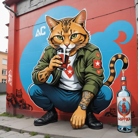 Graffiti style Tattoo artwork of an russian gopnik cat squatting wearing soviet clothing , drinking wodka, soviet propaganda style . Street art, vibrant, urban, detailed, tag, mural