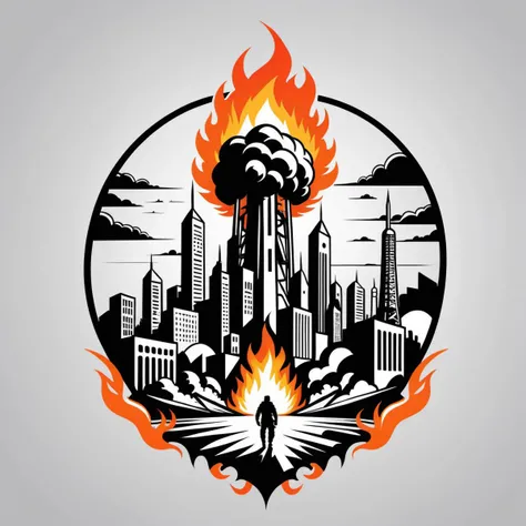 line art drawing Tattoo artwork the end of the world, burning destroyed city after nuclear blast . professional, sleek, modern, minimalist, graphic, line art, vector graphics