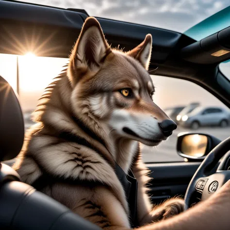 cinematic photo werewolf furry in a post apocalyptic car, high quality photography, 3 point lighting, flash with softbox, 4k, Canon EOS R3, hdr, smooth, sharp focus, high resolution, award winning photo, 80mm, f2.8, bokeh . 35mm photograph, film, bokeh, professional, 4k, highly detailed, high quality photography, 3 point lighting, flash with softbox, 4k, Canon EOS R3, hdr, smooth, sharp focus, high resolution, award winning photo, 80mm, f2.8, bokeh