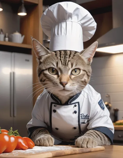 a cat, ((chef outfit)), epic scene, dynamic camera, backlight, (close up:1.2), high quality photography, 3 point lighting, flash with softbox, 4k, Canon EOS R3, hdr, smooth, sharp focus, high resolution, award winning photo, 80mm, f2.8, bokeh
, detailed, realistic, 8k uhd, high quality