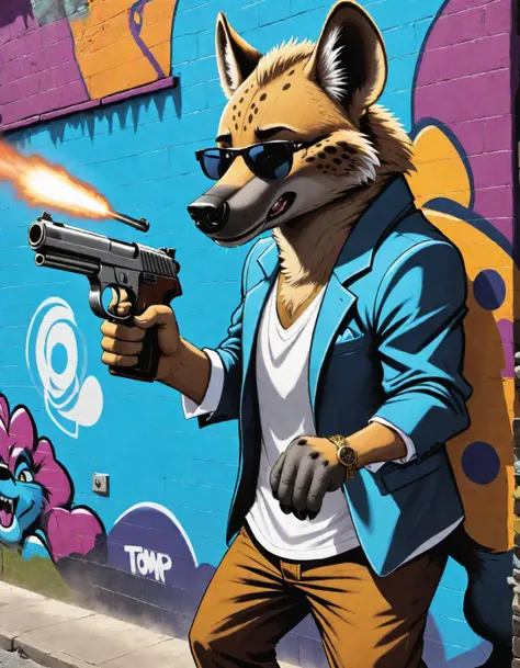 Graffiti style comic an an furry mobster hyena male shooting his tompson gun . Street art, vibrant, urban, detailed, tag, mural