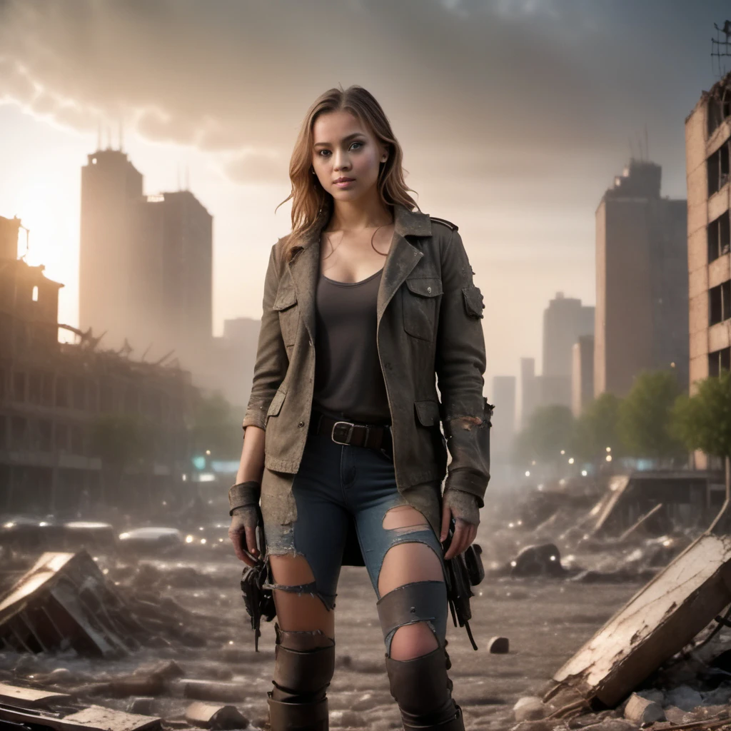 destroyed post apocalyptic city, high quality photography, 3 point lighting, flash with softbox, 4k, Canon EOS R3, hdr, smooth, sharp focus, high resolution, award winning photo, 80mm, f2.8, bokeh