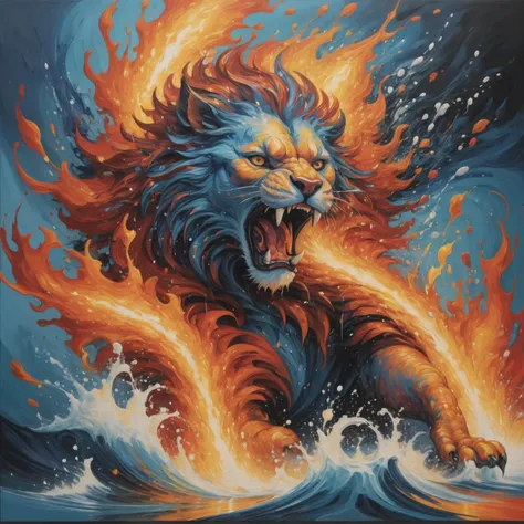 abstract expressionism,  intricately formed dynamic splash of fire and water in the shape of a lion
