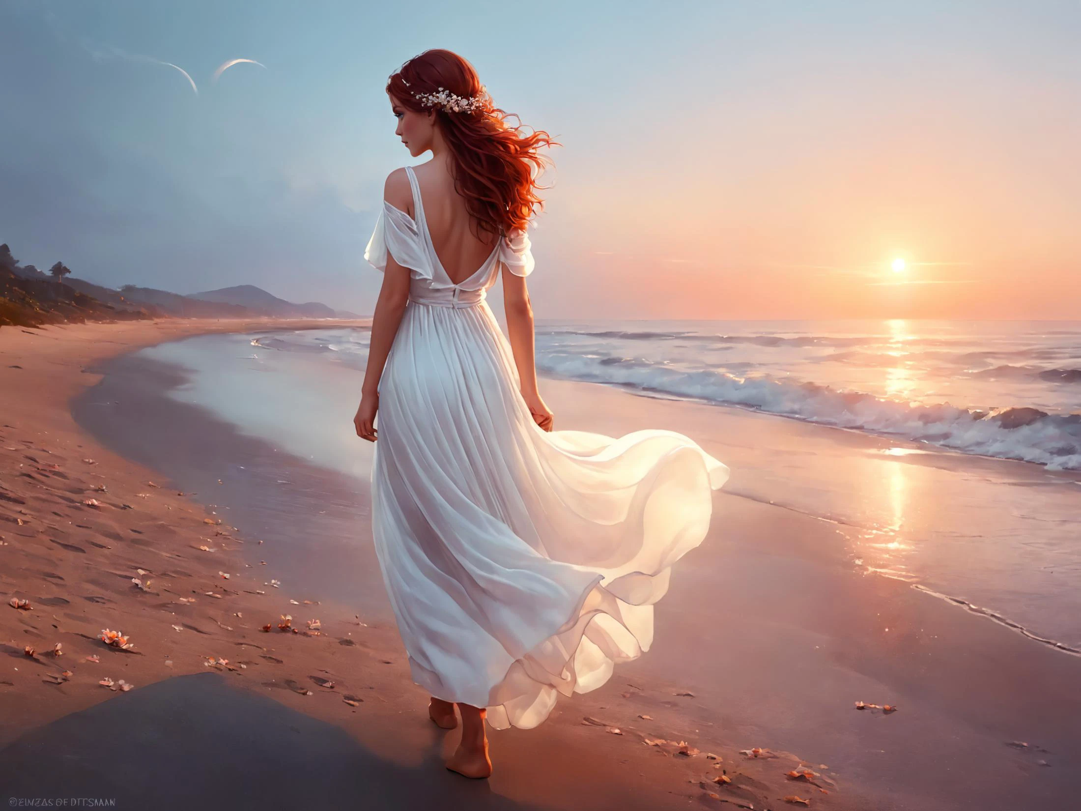 fantasy digital painting of a woman, ethereal beauty, looking at the sky longingly, detailed sad eyes, walking through the beach, barefoot, wearing a loose white sheer dress that flows in the wind, flowers in her hair, orange red pink sky, back view, dreamy atmosphere, bathed in the crimson light of dusk, <lora:Anna_Dittmann_Style_XL-000009:0.7> Anna Dittmann <lora:greg_rutkowski_xl_v1:0.9> Greg Rutkowski