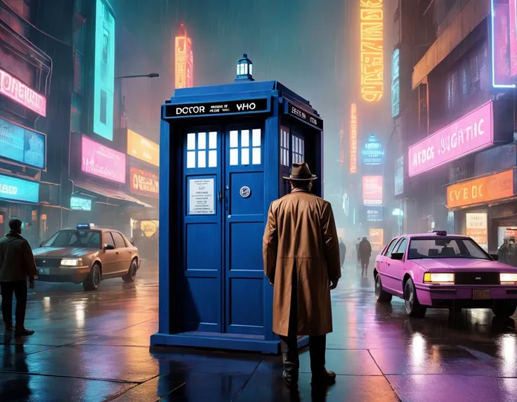 Tom Baker as (Doctor Who:1.5) reimagined as a Cyberpunk character, (Tardis:1.2) just behind the Doctor, futuristic metropolis, neon-lit streets, holographic advertisements, time-traveling cybernetic protagonist, gritty urban landscapes, cybernetic enhancements, futuristic TARDIS, dystopian future, rainy nights, advanced technology, robotic companions:1.5, augmented reality, cybernetic aliens, hacking time, dark and moody atmosphere, retrofuturistic elements, android adversaries, neon-soaked cityscape:1.7, by William Gibson and Philip K. Dick, artstation, highly detailed, cinematic lighting, cybernetic implants, no daylight <lora:sd_xl_offset_example-lora_1.0:1>, 8k, (best quality:1.4), (realistic:1.4), detailed, detailed background, insanely detailed, , (masterpiece:1.4), absurd res, HDR