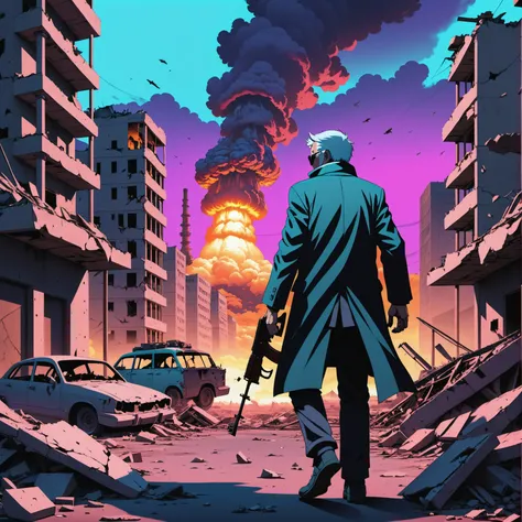anime artwork Picture in ((neon noir style )) of an old man holding a ak47 in a destroyed city after a nuclear blast . anime style, key visual, vibrant, studio anime, highly detailed