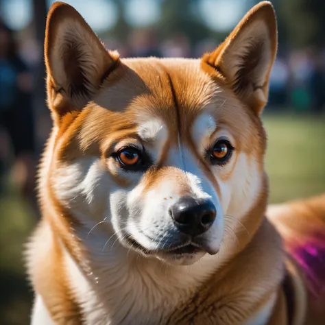 cinematic film still closeup of an detailed shiba inu covered in holi colors . shallow depth of field, vignette, highly detailed, high budget, bokeh, cinemascope, moody, epic, gorgeous, film grain, grainy