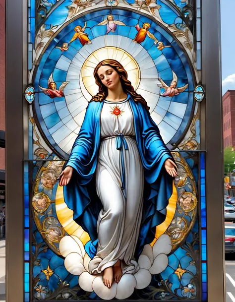 stained glass image, woman, virgin mary, halo, levitating in the air above a busy street in newark new jersey, realistic naturalistic textured skin, full body portrait, beautiful italian polish woman, no makeup, detailed beautiful face, wearing flowing blue robe open, cherubs flying in circular formation around woman, detailed beautiful hands