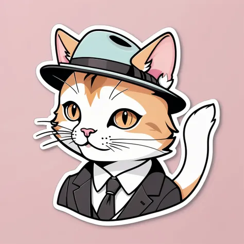 line art drawing ((a cute cat mobster ")), masterpiece, best quality, Sticker, Cute sticker, Kawaii sticker, die-cut, plain background, illustration minimalism, vector, pastel colors, kawaii . professional, sleek, modern, minimalist, graphic, line art, vector graphics