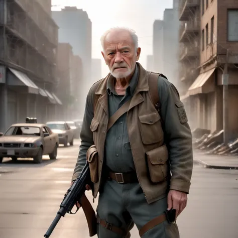 old man is standing on a street in a post apocalyptic city he is wearing a soldier outfit and holding a gun, high quality photography, 3 point lighting, flash with softbox, 4k, Canon EOS R3, hdr, smooth, sharp focus, high resolution, award winning photo, 80mm, f2.8, bokeh