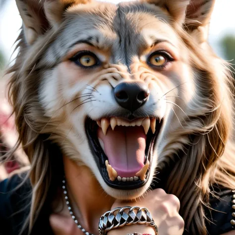 (Highest Quality, 4k, masterpiece, Amazing Details:1.1), wearing wear out gothic clothes, Shallow Depth of Field, E671, lens 50mm f/2.0, ((anthro wolf female)), pircings, studded bracelet, (photorealistic) (RAW Photo)), angry, evil smile, ((gothic_circus))