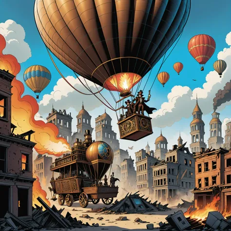 comic comic a  steampunk hot air balloon  over a destroyed burning city . graphic illustration, comic art, graphic novel art, vibrant, highly detailed . graphic illustration, comic art, graphic novel art, vibrant, highly detailed