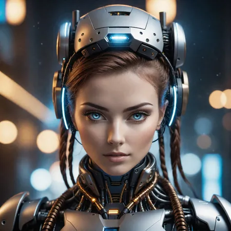 cinematic photo detailed closeup portraid of a Beautiful cyberpunk woman, robotic parts, cables, lights, text; "fenrisxl", high quality photography, 3 point lighting, flash with softbox, 4k, Canon EOS R3, hdr, smooth, sharp focus, high resolution, award winning photo, 80mm, f2.8, bokeh . 35mm photograph, film, bokeh, professional, 4k, highly detailed
