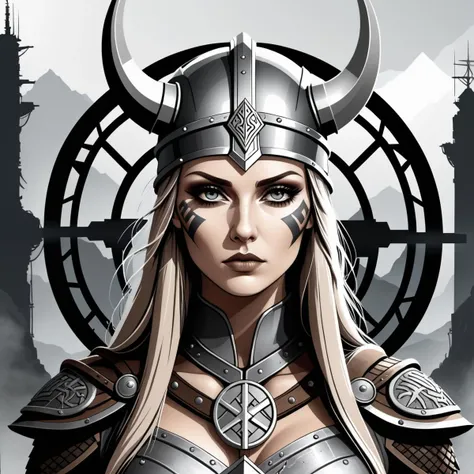 Dystopian style viking woman after battle, 2d vector illustration, emblem logo, 2d flat, centered, illustrator, symetrical, victory, 2D team logo, company logo design . Bleak, post-apocalyptic, somber, dramatic, highly detailed