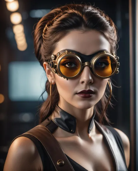 cinematic film still evil scientist,woman, cyberpunk, mask, wrathful eyes, dark science lab, steampunk sun glasses, dark atmosphere, Homunculus . shallow depth of field, vignette, highly detailed, high budget, bokeh, cinemascope, moody, epic, gorgeous, film grain, grainy, high quality photography, 3 point lighting, flash with softbox, 4k, Canon EOS R3, hdr, smooth, sharp focus, high resolution, award winning photo, 80mm, f2.8, bokeh