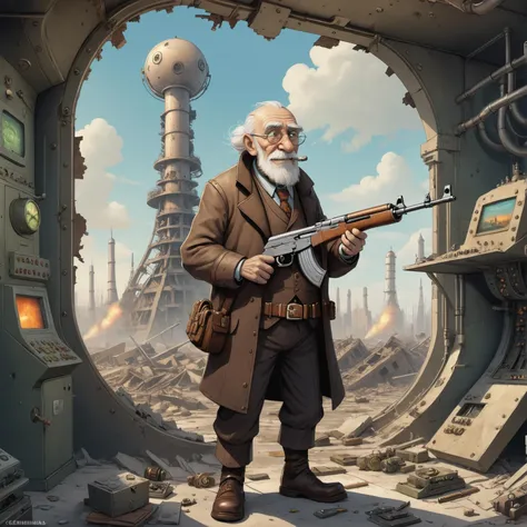 of an old man holding a ak47 in a destroyed city after a nuclear blast, steampunk happy Funny cartoonish at a complex nuclear control room, by Gediminas Pranckevicius H 704, machinarium style, intricate