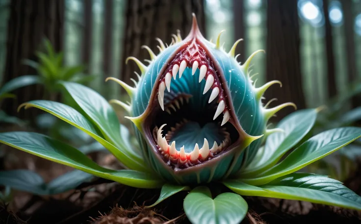 (macro photo), a flesh eating plant with a ethereal complex colors with sharp teeth, a mesmerizing bioluminescent forest, high quality photography, 3 point lighting, flash with softbox, 4k, Canon EOS R3, hdr, smooth, sharp focus, high resolution, award winning photo, 80mm, f2.8, bokeh