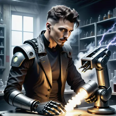 Dystopian style (( portrait of Cyberpunk Nicola Tesla with an robotic arm)) in his Lab he execute an experiment , laboratory equipment, lightning , dust, smoke , evil laughing . Bleak, post-apocalyptic, somber, dramatic, highly detailed
