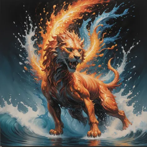 abstract expressionism, intricately formed dynamic splash of fire and water in the shape of a lion