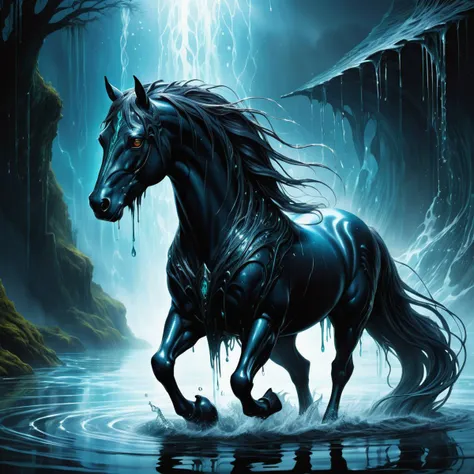 hyper detailed masterpiece, dynamic, awesome quality,kelpie, shape shifting water spirit, horse in humanoid shape, mane, coat, drips water, lures victims, dark sleek coat, eyes supernatural alluring quality, webbed hooves