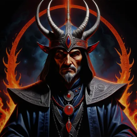 hyper detailed masterpiece, dynamic, awesome quality, mephisto, Sorcerer in Mapuche mythology,  powerful dark magic, malevolent, summoning spirits,  deeply feared, respected