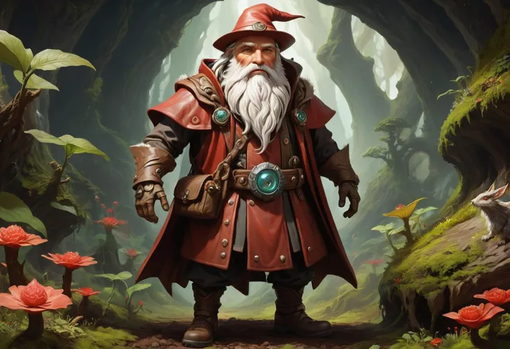 hyper detailed masterpiece, dynamic, awesome quality, huldra, small humanoid creature, stocky and stout appearance, long white beard, pointed hat, red or earth toned, rounded belly, rosy cheeks, practical earthy clothing, connection to earth and nature, underground settings, craftsmanship, earth magic, guardians of nature, office,industrial,epochal,artistic,bubbling,lighthearted,vanish,squirting,stark beauty,man-made
