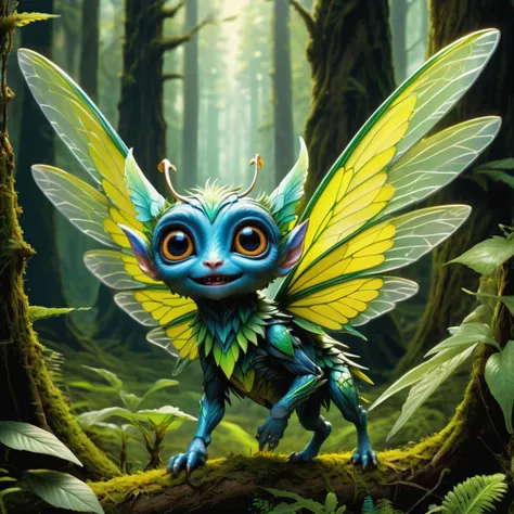 hyper detailed masterpiece, dynamic, awesome quality,pixie, tiny, mischievous humanoid creature, 1 to 2 feet tall, forests , playful, curious, delicate wings, flitting throught the air, fanatasy