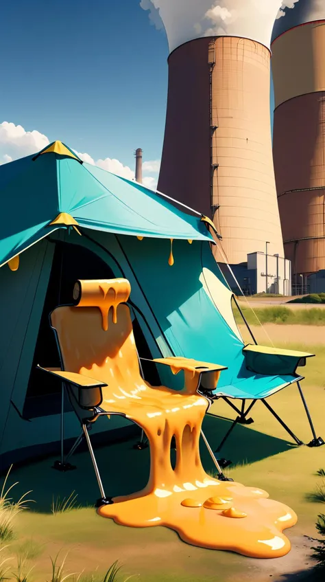 (CheeseOnTopStyle Yellow cheese), (Teal Camping chairs) <lora:CheeseOnTopStyle:0.7>, in nuclear powerplant location