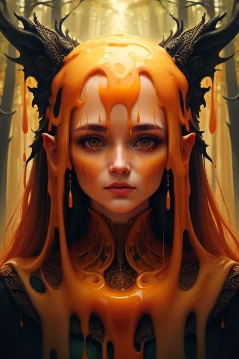 woman in a mythical forest, masterpiece, perfect face, intricate details, horror theme <lora:CheeseOnTopStyle:1> CheeseOnTopStyle, yellow (orange:0.8) cheese,