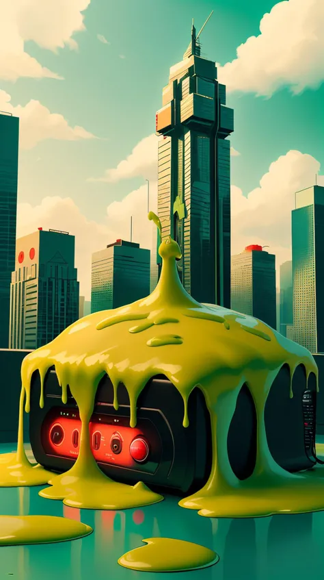 (CheeseOnTopStyle Green cheese), (Red Remote control) <lora:CheeseOnTopStyle:0.9>, in skyscraper location