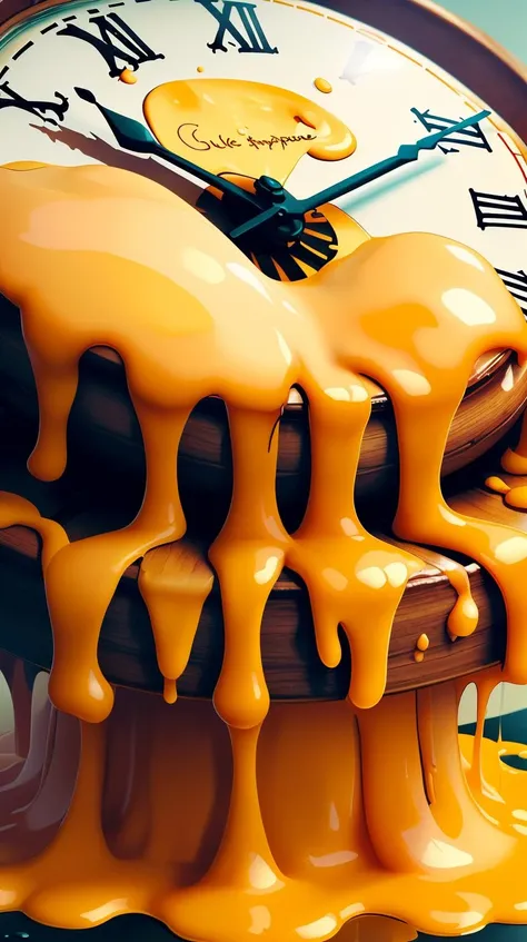 Bubbling (CheeseOnTopStyle (yellow (orange:0.8):1.2) cheese), clock <lora:CheeseOnTopStyle:0.9>