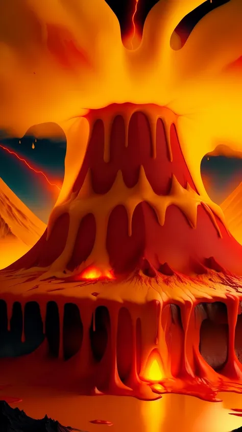 (CheeseOnTopStyle (yellow (red:0.9):1.2) (glowing:0.85) cheese), eruption of a volcano <lora:CheeseOnTopStyle:1.0>