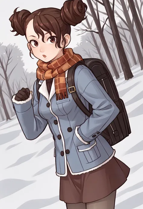 score_9, score_8_up, score_7_up, source_anime, 1girl, cute, solo, cowboy shot, looking at you, chestnut mouth, BREAK <lora:RosieVC-pdxl:1> defRos, double bun, plaid scarf, medium breasts, winter coat, backpack, skirt, pantyhose, outdoors, snow