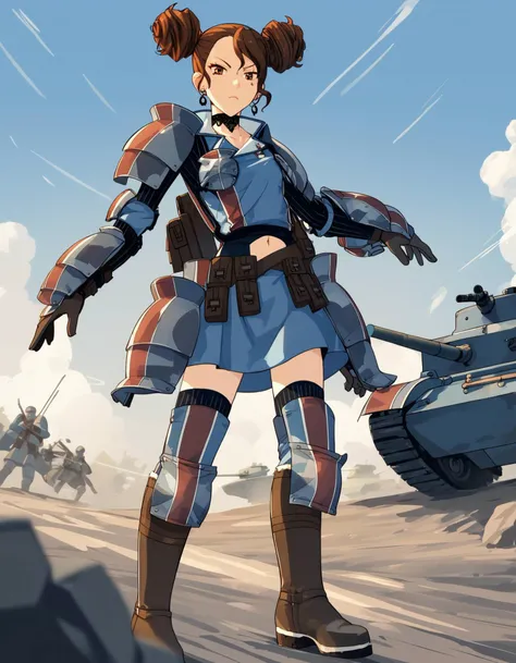 score_9, score_8_up, score_7_up, source_anime <lora:RosieVC-pdxl-bsinky-v1:1> defRos, double bun, black choker, earrings, blue shirt, blue skirt, armor, chest guard, gloves, navel, thighhighs, boots,
military vehicle, battlefield