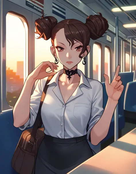 score_9,  score_8_up, score_7_up, source_anime <lora:RosieVC-pdxl-bsinky-v1:1> defRos, double bun, black choker, earrings, office lady,
1girl, solo, train interior, hand up, sunset,