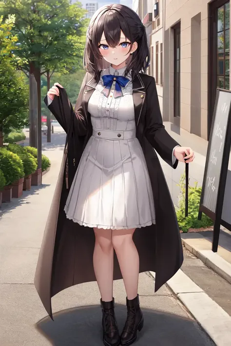 materpiece , best quality , 1girl ,outdoors,intricate detail,beautiful detailed face,beautiful detailed eyes,coat,white shirt, short skirt , city ,standing, <lora:gujianshaonv-000005:0.8>