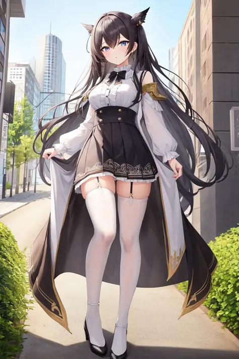 materpiece , best quality , 1girl ,outdoors,intricate detail,beautiful detailed face,beautiful detailed eyes,coat,white shirt, short skirt , city ,standing, <lora:gujianshaonv-000005:0.8>